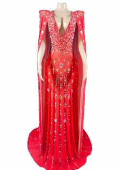 Raudona Moterų Kristalai Apsvaiginimo Suknelė Backless Ilgomis Rankovėmis Gimtadienio Vakarą Vestuvių Naktinių Klubų Festivalis Karalienė Apranga