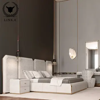 Dvigulė lova itališko stiliaus šviesos prabanga high-end užsakymą miegamojo odos meno lova metalo elementas su staliukas