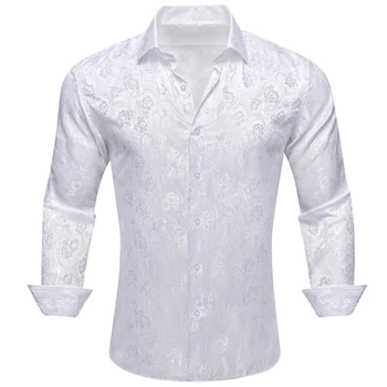 Prabangūs Marškinėliai Vyrams Šilko ilgomis Rankovėmis Baltųjų Gėlių Slim Fit Vyrų Blouese Atsitiktinis Viršūnes Oficialų Streetwear Kvėpuojantis Barry Wang