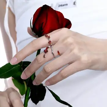 Raudonos Rožės Žiedas Reguliuojamas Atidarymo Žiedas Moterų, Mergaičių, Unikalus Pirštu Apskritimus Estetinės rodomojo Piršto Žiedai Y2K Papuošalai