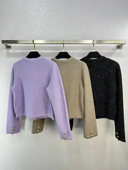 2023 kvepalai apvalios kaklo ritininės metalo mygtuką kišenė ilgomis rankovėmis moterų megztinis
