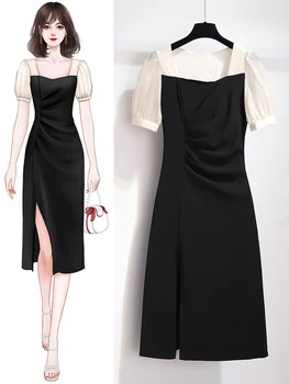 Juoda prancūzijos Hepburn stiliaus suknelė moterų vasaros naujus high-end plonas plonas išvaizdą plonas kūnas puoštas sijonas