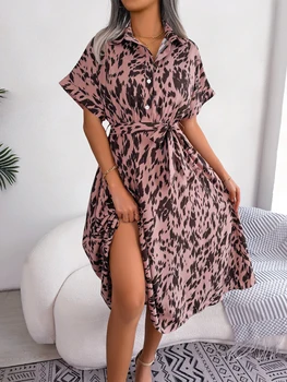 2023 Naujas Moterų Vasaros Atsitiktinis Palaidų Leopard Nėrinių Marškinėliai Suknelė Ponios Mados Visos Rungtynės Elegantiškos Suknelės