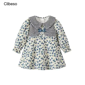 2023 Clibeso Vaikai Mergina Gėlių Suknelė Rudenį Vaikai Kinų Stiliaus Boutique Blue Print Suknelės Kūdikiams Elegantiškas Lauko Drabužiai