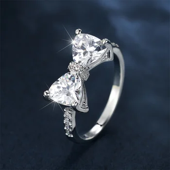Prabangaus Moteriško Žavesio Mielas Bowknot Žiedas Sidabro Spalvos Žiedai Moterims White Crystal Akmens Vestuvinis Žiedas Papuošalai