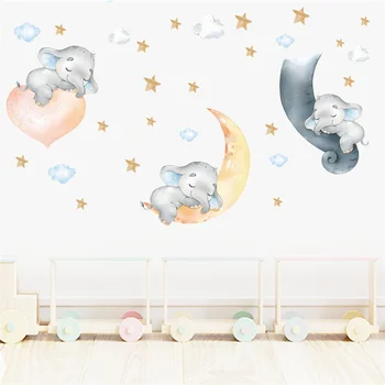 Animacinių filmų Baby Dramblys Mėnulis, Žvaigždės, Sienų Lipdukai Nurserry Sienų Lipdukai Vaikų Kambario dekoro pegatinas de sumalti
