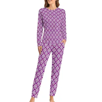 Violetinė Damask Pižama Derliaus Spausdinimo Elegantiškas Namų Kostiumas Moteris 2 Vnt Atsitiktinis Negabaritinių Spausdinti Sleepwear Dovanų Idėjos