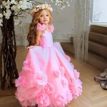 Mielas Pink Gėlių Mergaičių Suknelės, Vestuvių Rankų Darbo Gėlių Vaikai Vaikai Šalis Bendrystės Gimtadienio Chalatai