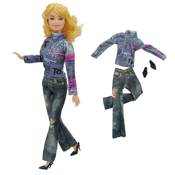 Golfo Viršuje Drabužių Rinkinys Barbie Lėlės ilgomis Rankovėmis T-shirt Džinsinio audinio Kelnės Kelnės Batai Komplektus 1/6 BJD Lėlės Priedai