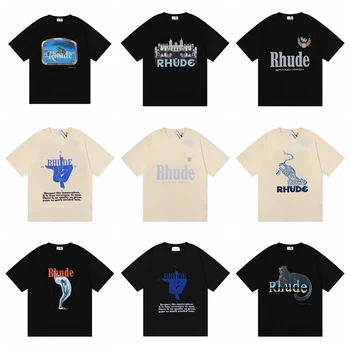 RHUDE Vyrų, Moterų, Aukštos Kokybės Atsitiktinis marškinėliai Topai Vyrų Banga Prekės Pora Mados Marškinėliai Derliaus Prarasti Hip-Hop Pora T-shirt