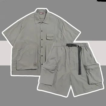 Vasarą Greitai-džiovinimo Rinkiniai Vyrams Japonijos y2k Multi Pocket vientisos Spalvos Marškinėliai+Krovinių Šortai Pusė Rankovės Prarasti Dviejų dalių Komplektas Unisex