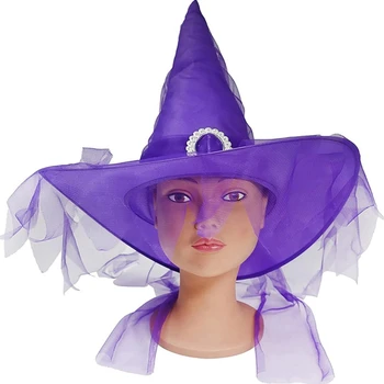 Helovinas Pasiekė Ragana Skrybėlę su Plisuotos Šydas Wizard Hat Mergina Šalies Cosplay Bžūp